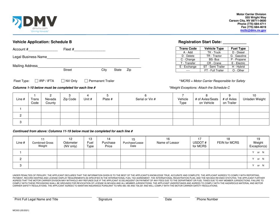 Form MC003 Schedule B Vehicle Application - Nevada, Page 1