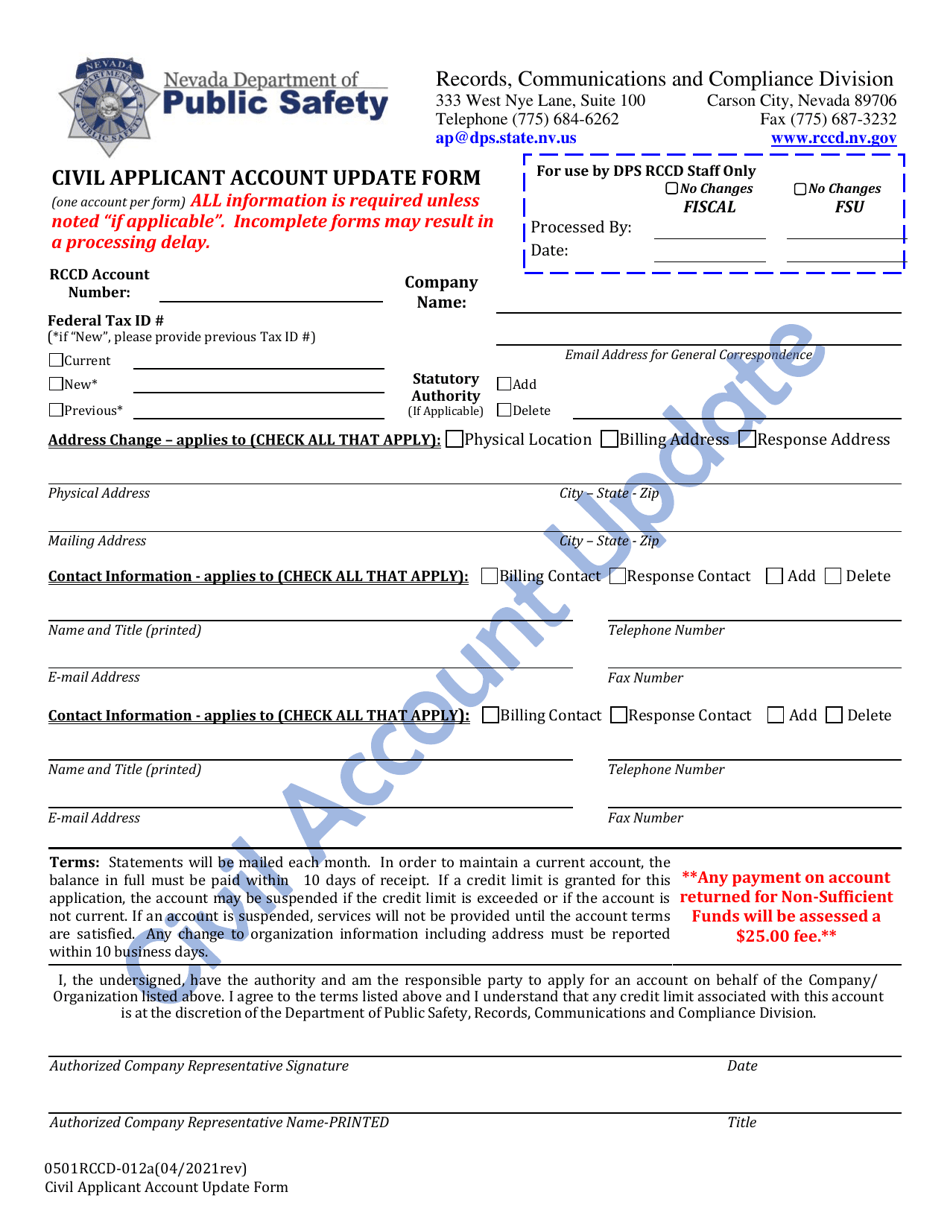 Form 0501RCCD-012A Civil Applicant Account Update Form - Nevada, Page 1