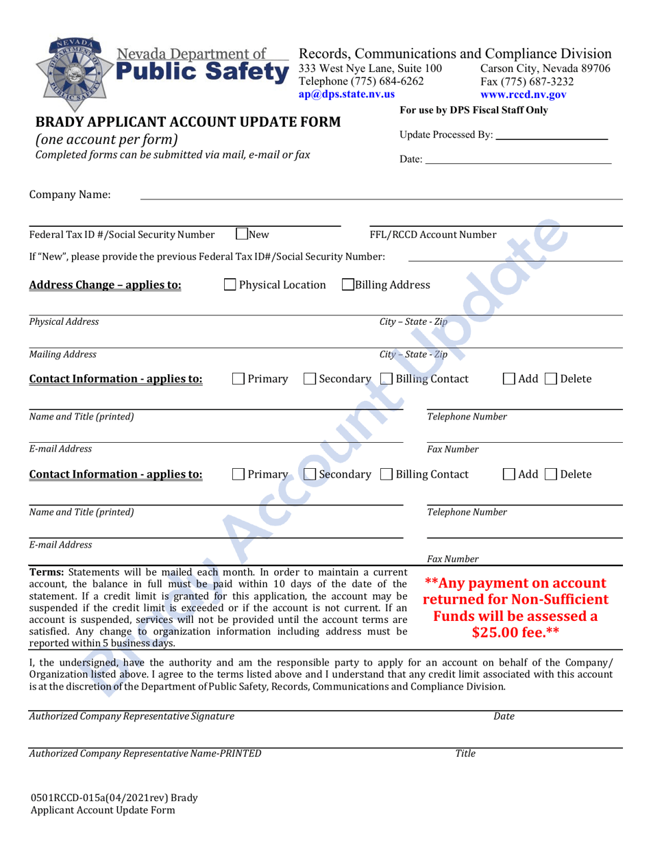 Form 0501RCCD-015A Brady Applicant Account Update Form - Nevada, Page 1