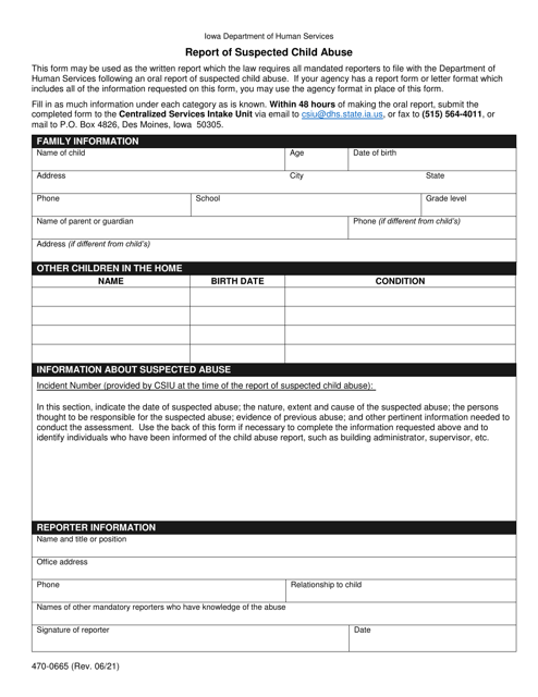 Form 470-0665 Report of Suspected Child Abuse - Iowa
