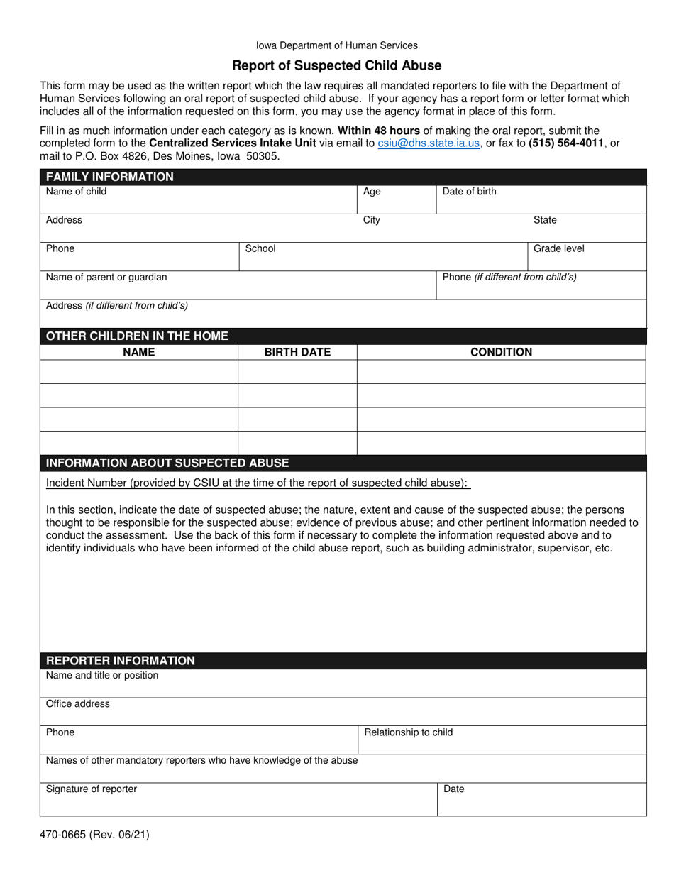 Form 470-0665 Report of Suspected Child Abuse - Iowa, Page 1
