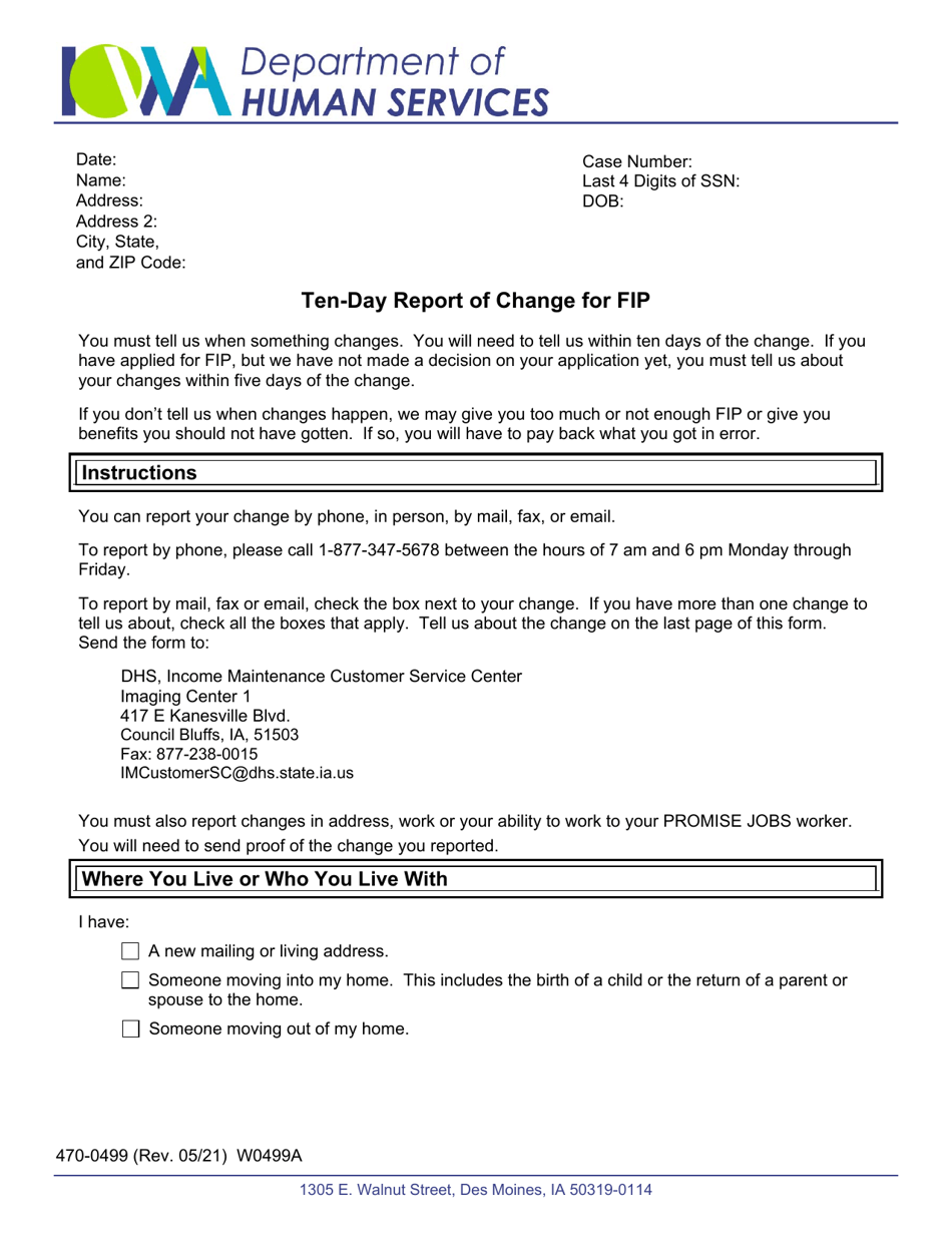 Form 470-0499 Ten-Day Report of Change for Fip - Iowa, Page 1