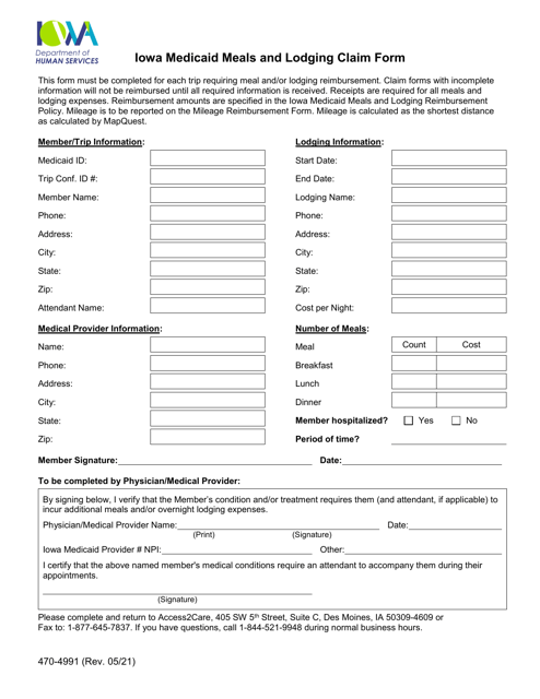 Form 470-4991 Iowa Medicaid Meals and Lodging Claim Form - Iowa