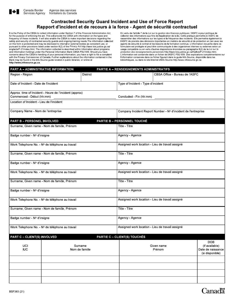 Form BSF383 Contracted Security Guard Incident and Use of Force Report - Canada (English / French), Page 1