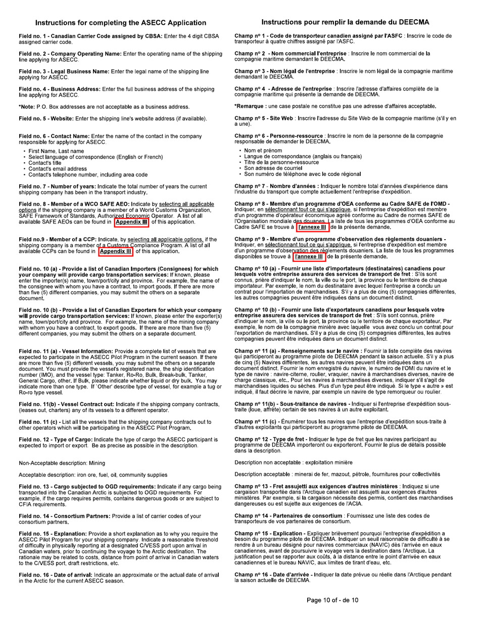 Form BSF786 Arctic Shipping Electronic Commercial Clearance (Asecc) Program Carrier Pre-season Profile - Canada (English / French), Page 10