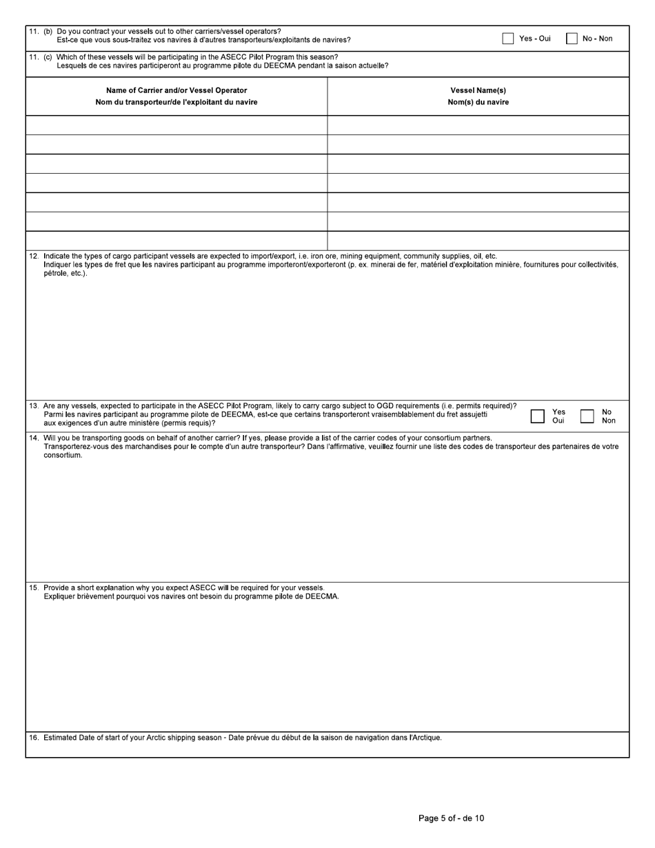 Form BSF786 Arctic Shipping Electronic Commercial Clearance (Asecc) Program Carrier Pre-season Profile - Canada (English / French), Page 5