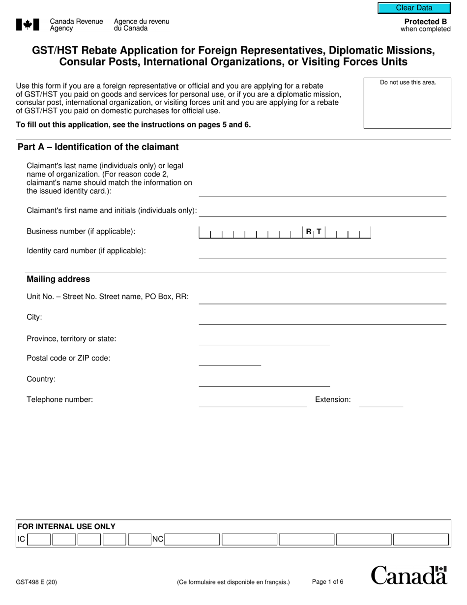 Form GST498 Gst / Hst Rebate Application for Foreign Representatives, Diplomatic Missions, Consular Posts, International Organizations, or Visiting Forces Units - Canada, Page 1