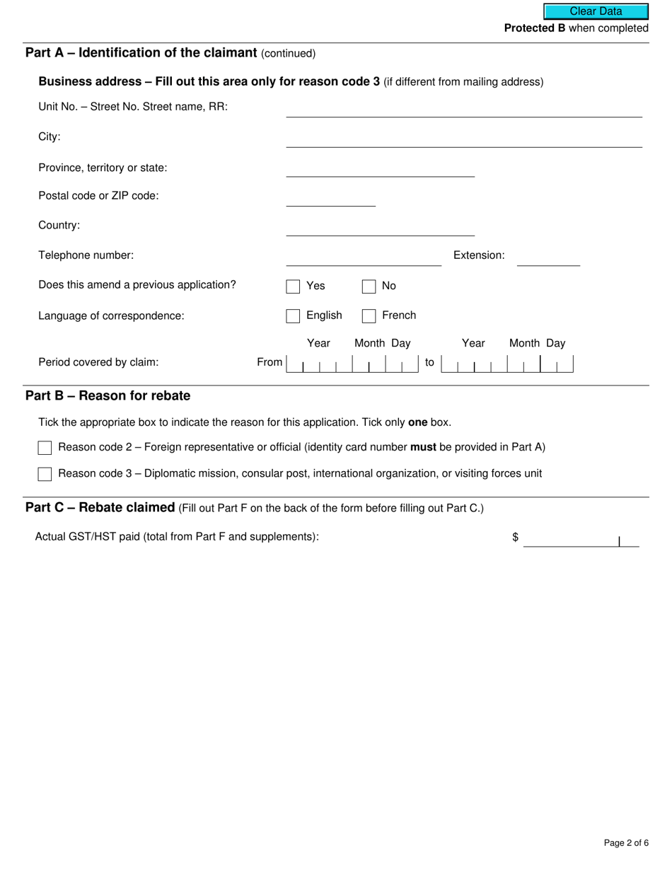 Form GST498 Gst / Hst Rebate Application for Foreign Representatives, Diplomatic Missions, Consular Posts, International Organizations, or Visiting Forces Units - Canada, Page 2