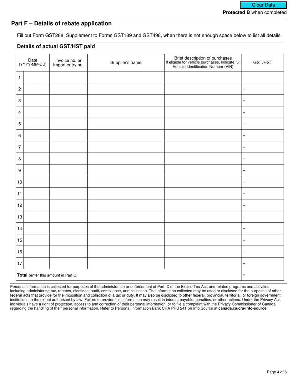 Form GST498 Gst / Hst Rebate Application for Foreign Representatives, Diplomatic Missions, Consular Posts, International Organizations, or Visiting Forces Units - Canada, Page 4
