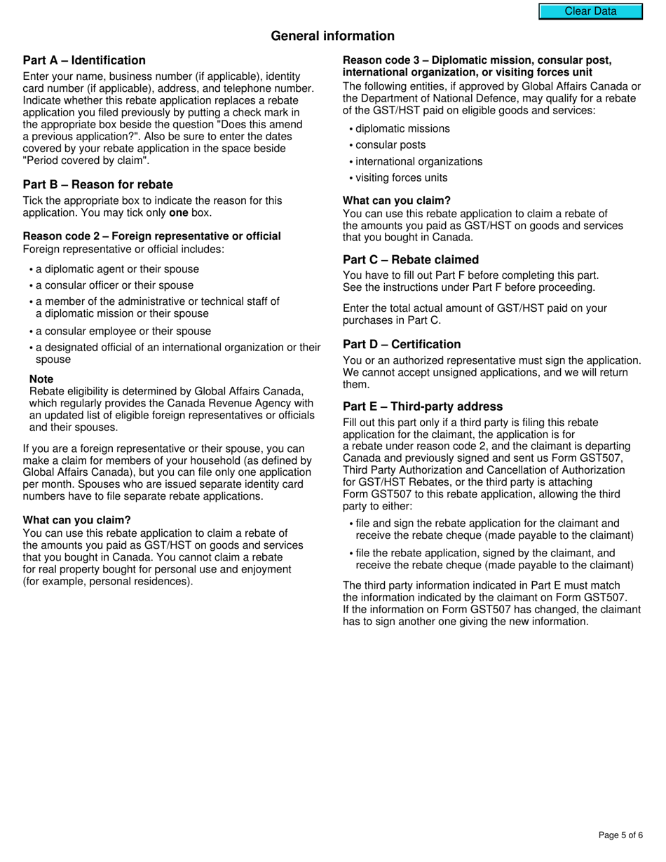 Form GST498 Gst / Hst Rebate Application for Foreign Representatives, Diplomatic Missions, Consular Posts, International Organizations, or Visiting Forces Units - Canada, Page 5