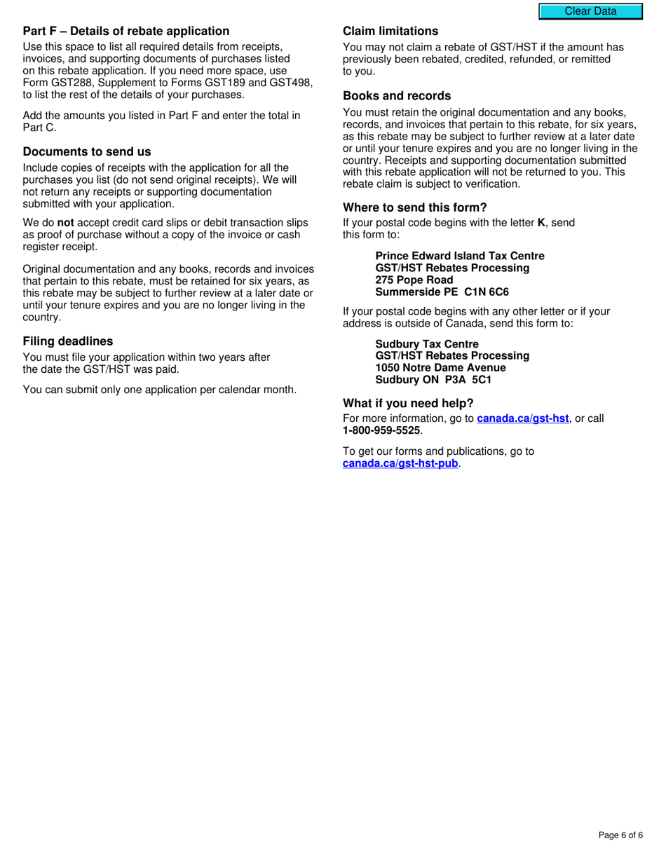 Form GST498 Gst / Hst Rebate Application for Foreign Representatives, Diplomatic Missions, Consular Posts, International Organizations, or Visiting Forces Units - Canada, Page 6