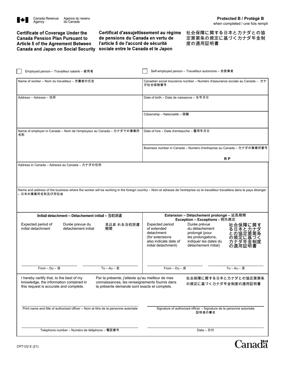 Form CPT122 Certificate of Coverage Under the Canada Pension Plan Pursuant to Article 5 of the Agreement Between Canada and Japan on Social Security - Canada (English / Japanese / French), Page 1