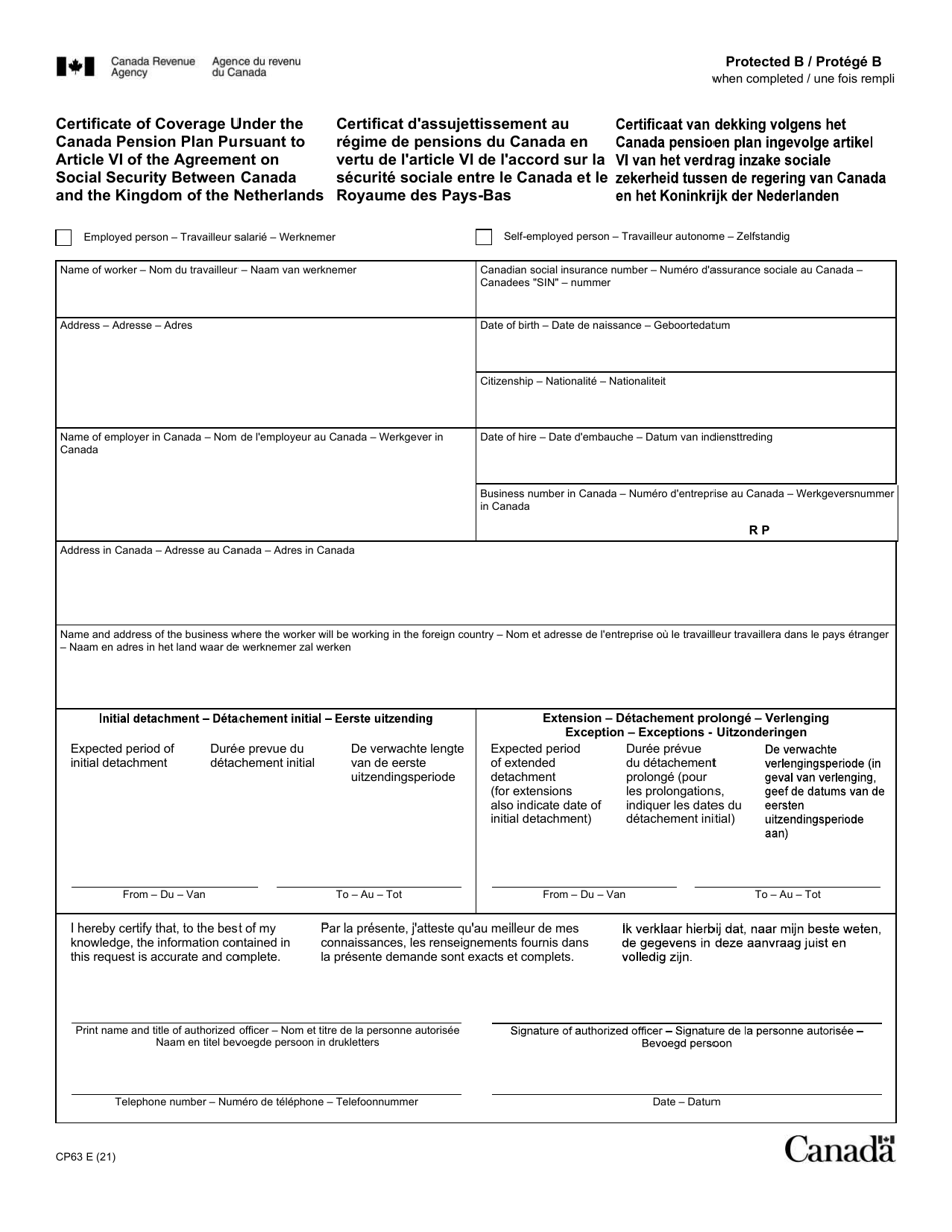 Form CPT63 Certificate of Coverage Under the Canada Pension Plan Pursuant to Article VI of the Agreement on Social Security Between Canada and the Kingdom of the Netherlands - Canada (English / Dutch / French), Page 1