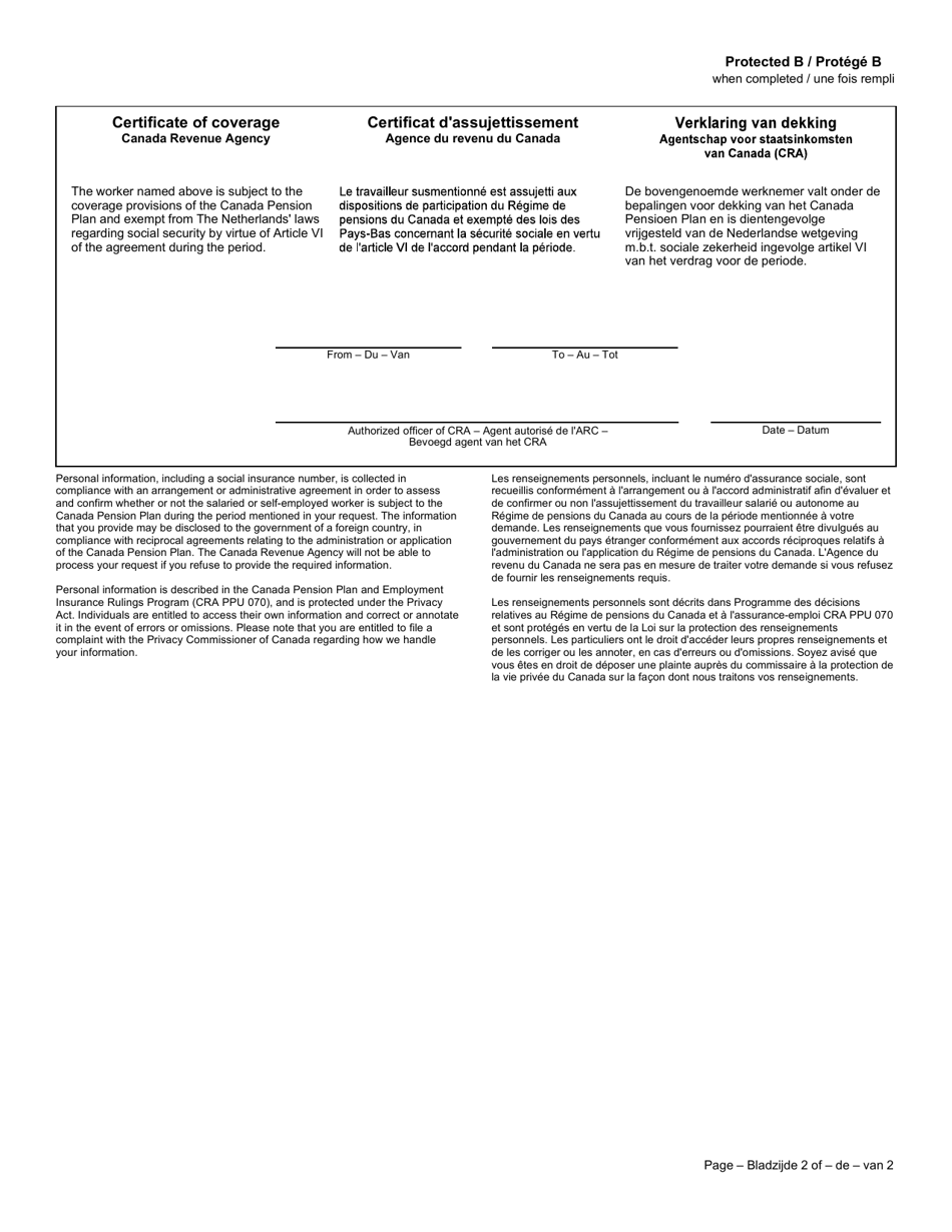 Form CPT63 Certificate of Coverage Under the Canada Pension Plan Pursuant to Article VI of the Agreement on Social Security Between Canada and the Kingdom of the Netherlands - Canada (English / Dutch / French), Page 2