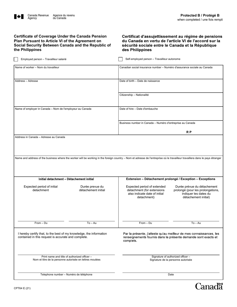Form CPT64 Certificate of Coverage Under the Canada Pension Plan Pursuant to Article VI of the Agreement on Social Security Between Canada and the Republic of the Philippines - Canada (English / French), Page 1