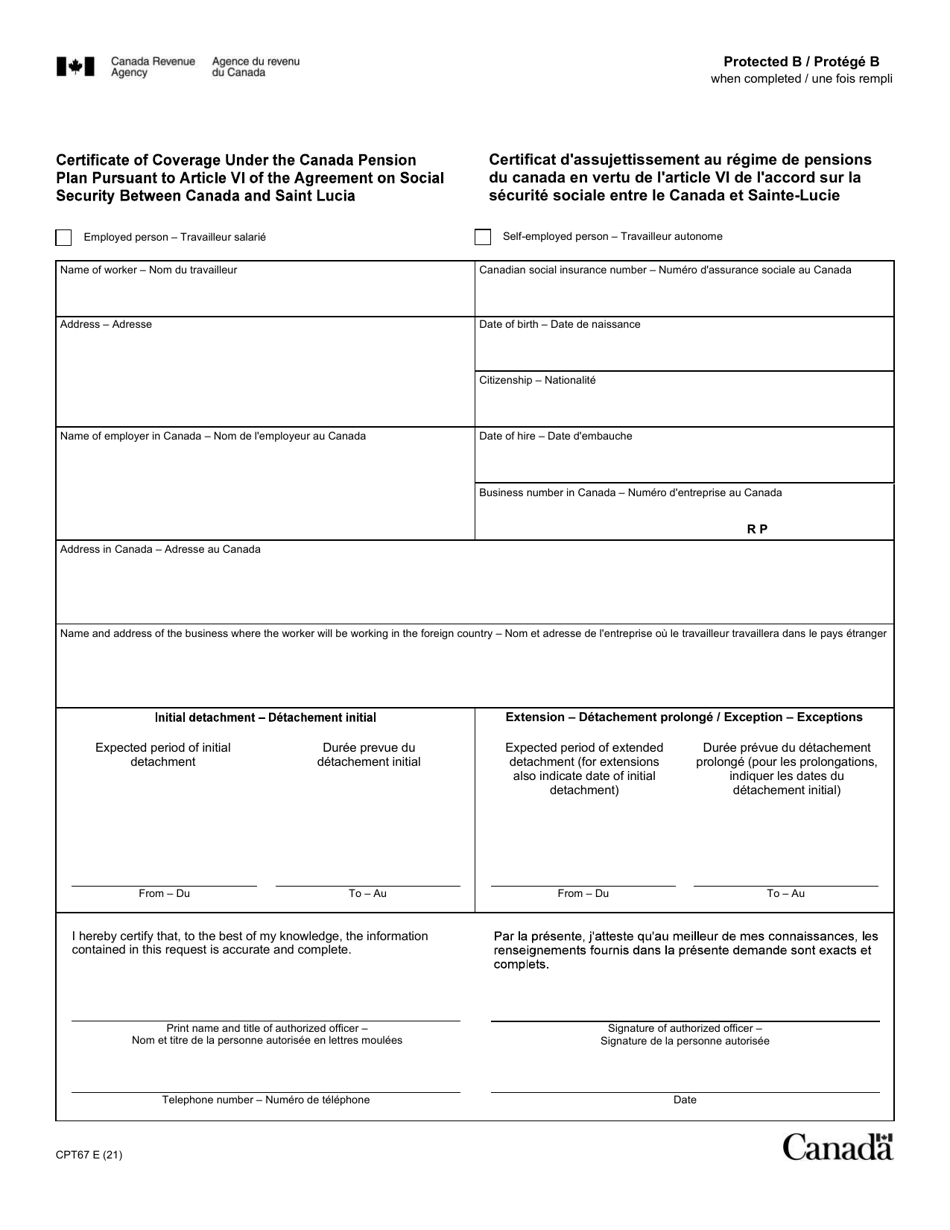 Form CPT67 Certificate of Coverage Under the Canada Pension Plan Pursuant to Article VI of the Agreement on Social Security Between Canada and Saint Lucia - Canada (English/French), Page 1