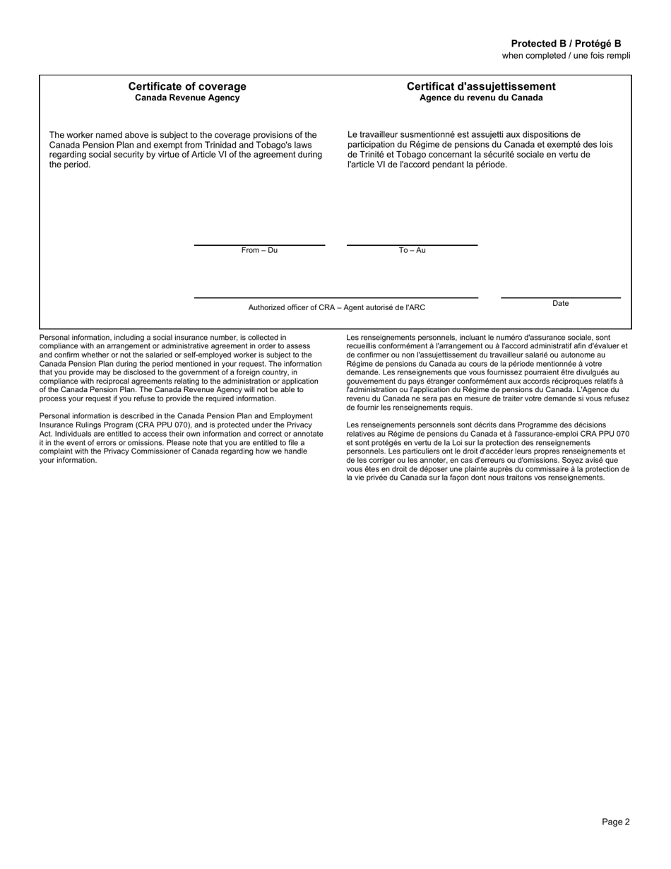 Form CPT70 Certificate of Coverage Under the Canada Pension Plan Pursuant to Article VI of the Agreement on Social Security Between the Government of Canada and the Government of the Republic of Trinidad and Tobago - Canada (English / French), Page 2