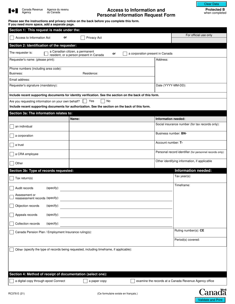 Form RC378 Download Fillable PDF or Fill Online Access to Information