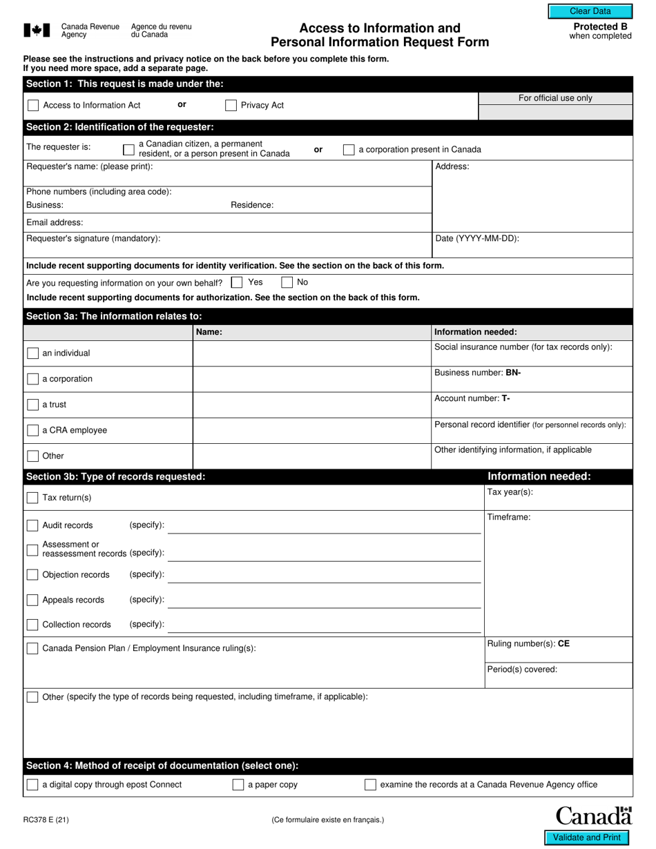 Form RC378 Access to Information and Personal Information Request Form - Canada, Page 1