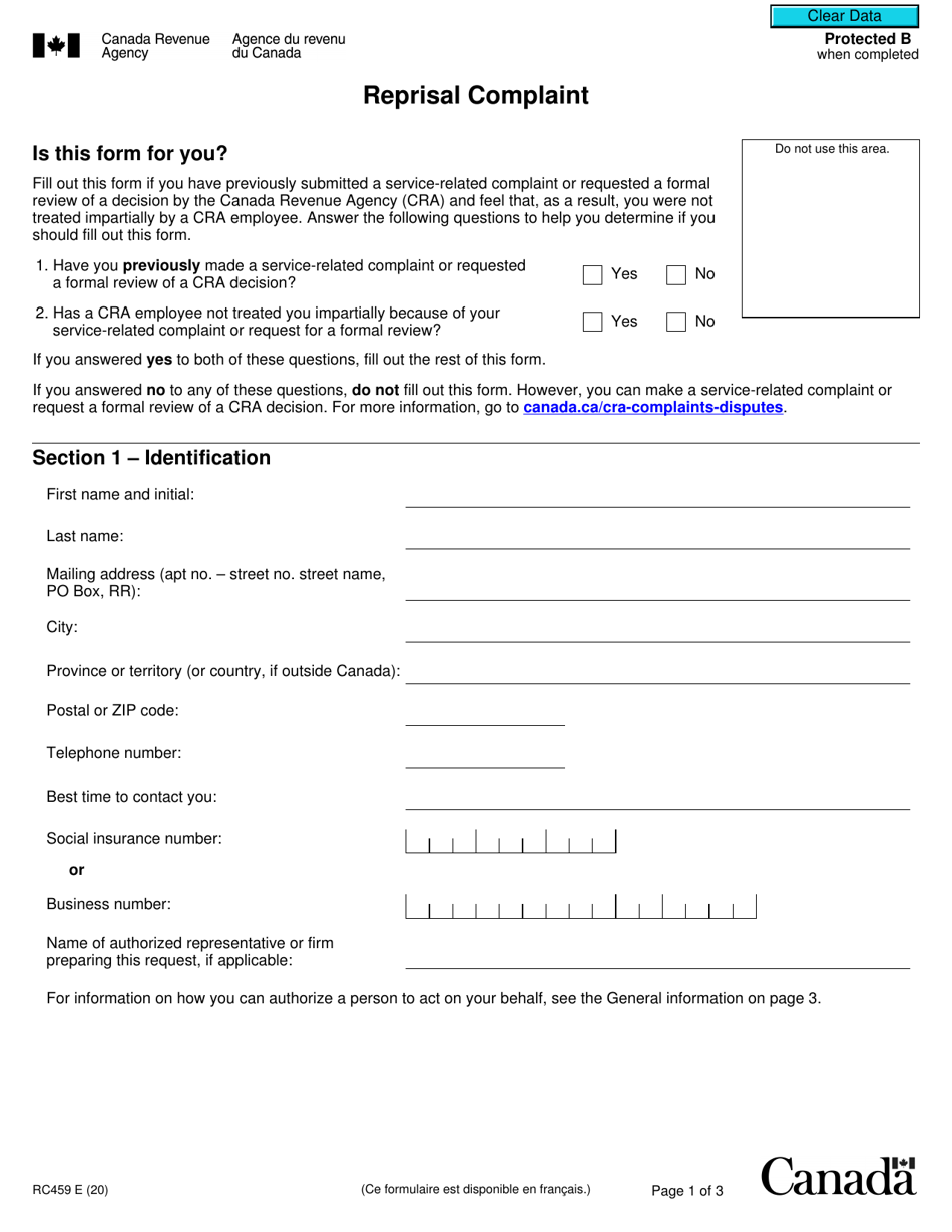 Form RC459 Reprisal Complaint - Canada, Page 1