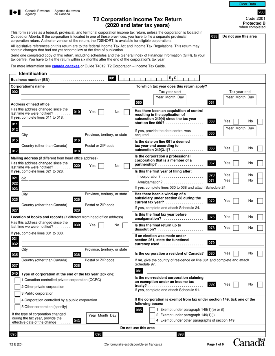 Form T2 Corporation Income Tax Return (2020 and Later Tax Years) - Canada, Page 1