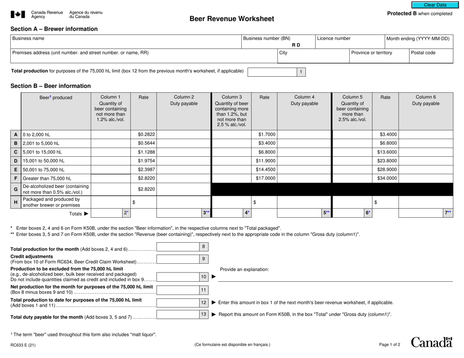 Form RC633 Beer Revenue Worksheet - Canada, Page 1