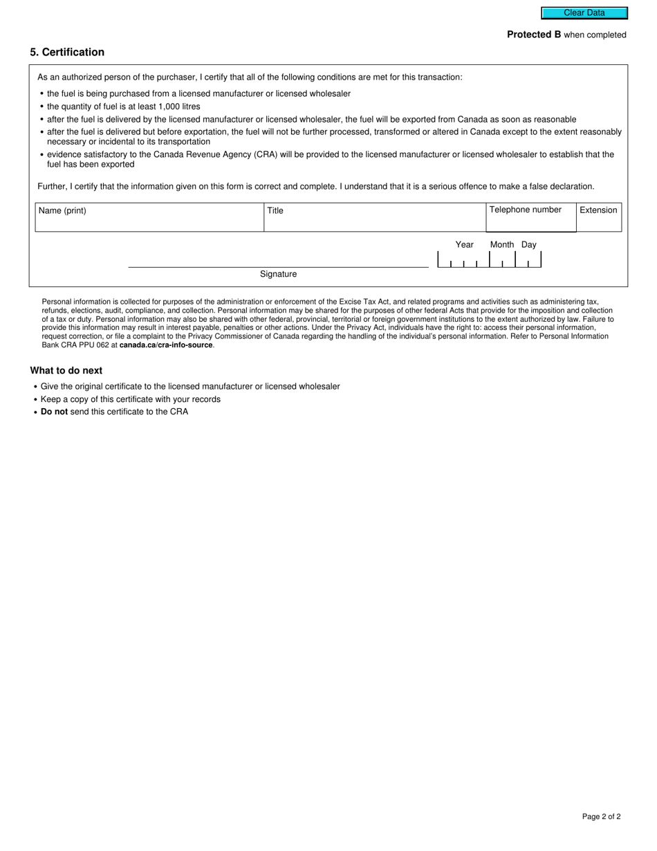 Form RC565 Federal Excise Tax Exemption Certificate for Immediate Export of Fuel - Canada, Page 2