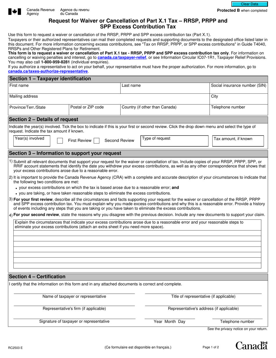 Form RC2503 Fill Out, Sign Online and Download Fillable PDF, Canada