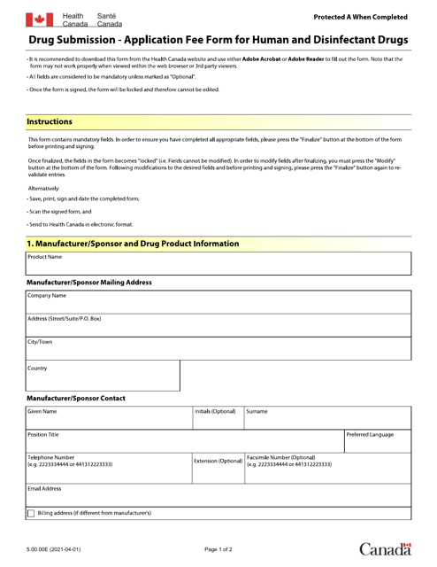 Form 5.00.00E Drug Submission - Application Fee Form for Human and Disinfectant Drugs - Canada