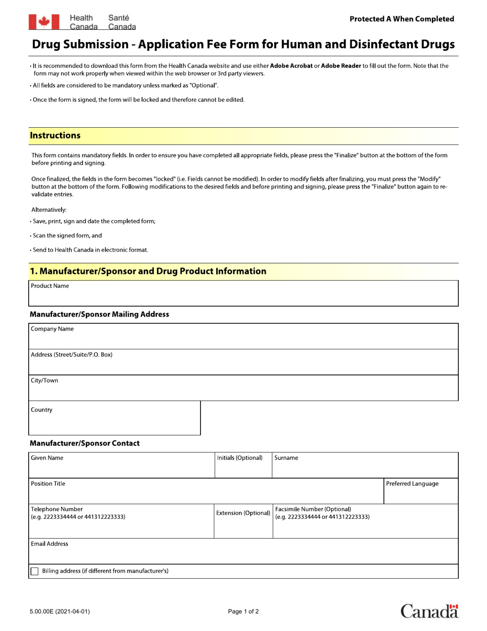Form 5.00.00E Drug Submission - Application Fee Form for Human and Disinfectant Drugs - Canada, Page 1