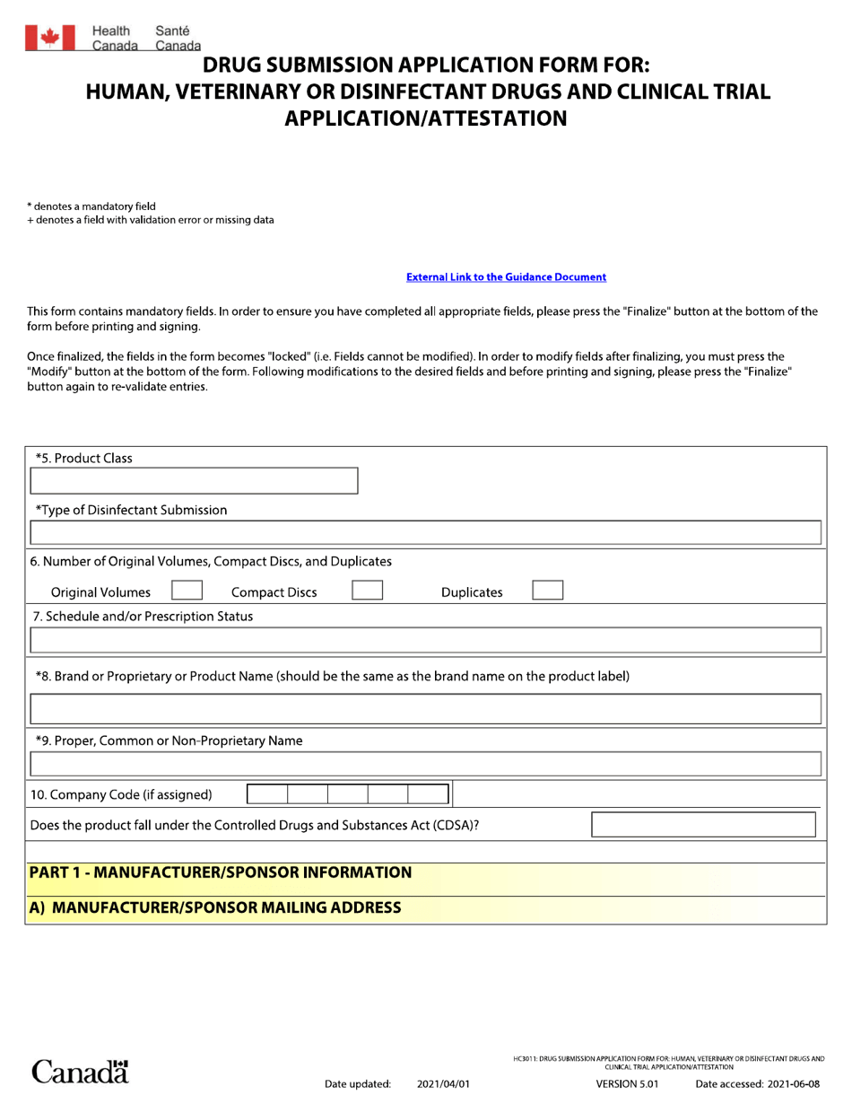 Form HC3011 Drug Submission Application Form for Human, Veterinary or Disinfectant Drugs and Clinical Trial Application / Attestation - Canada, Page 1