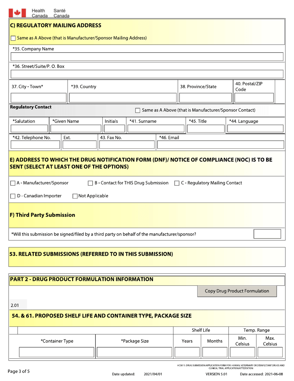 Form HC3011 Drug Submission Application Form for Human, Veterinary or Disinfectant Drugs and Clinical Trial Application / Attestation - Canada, Page 3