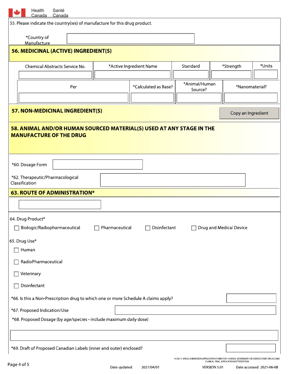 Form HC3011 Drug Submission Application Form for Human, Veterinary or Disinfectant Drugs and Clinical Trial Application / Attestation - Canada, Page 4