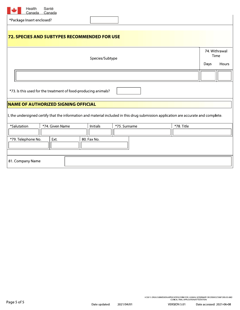 Form HC3011 Drug Submission Application Form for Human, Veterinary or Disinfectant Drugs and Clinical Trial Application / Attestation - Canada, Page 5