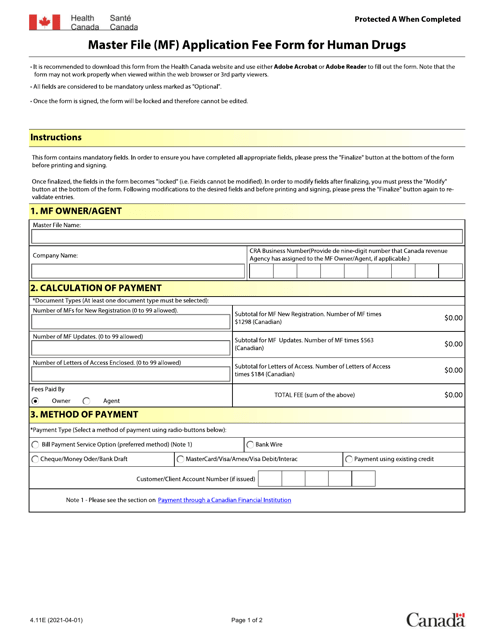 Form 4.11E Master File (Mf) Application Fee Form for Human Drugs - Canada