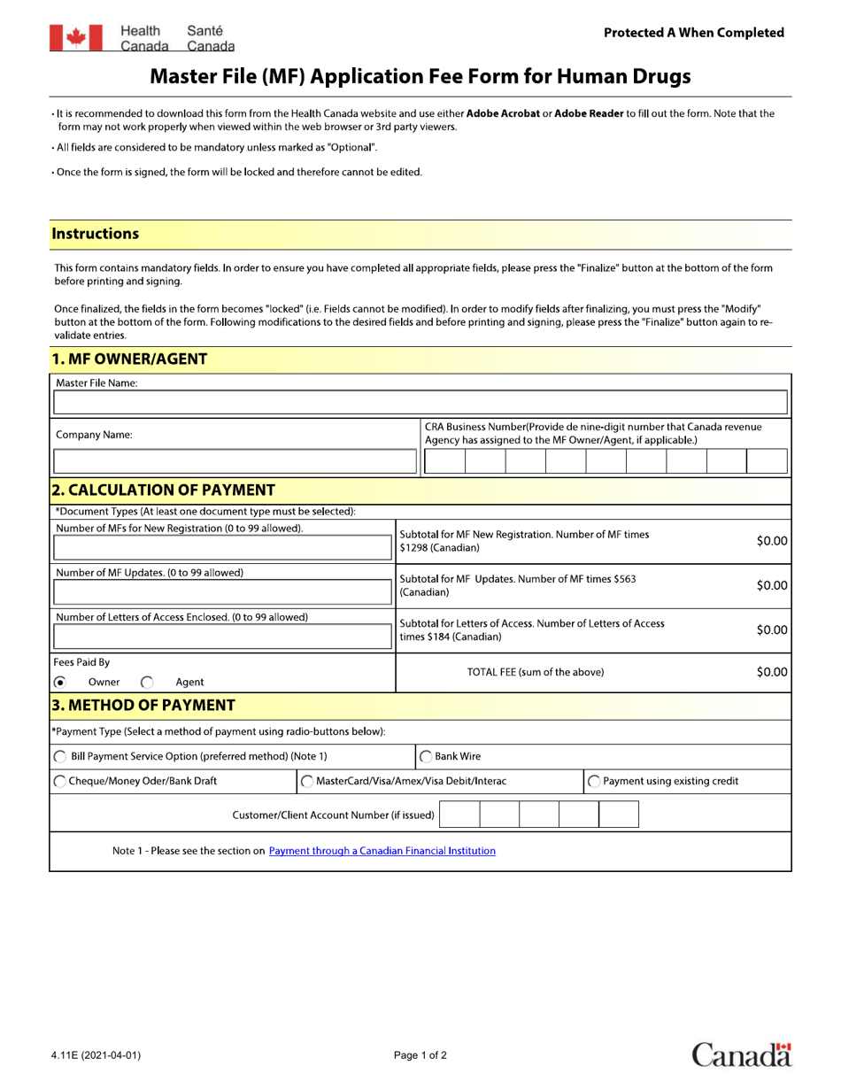 Form 4.11E Master File (Mf) Application Fee Form for Human Drugs - Canada, Page 1
