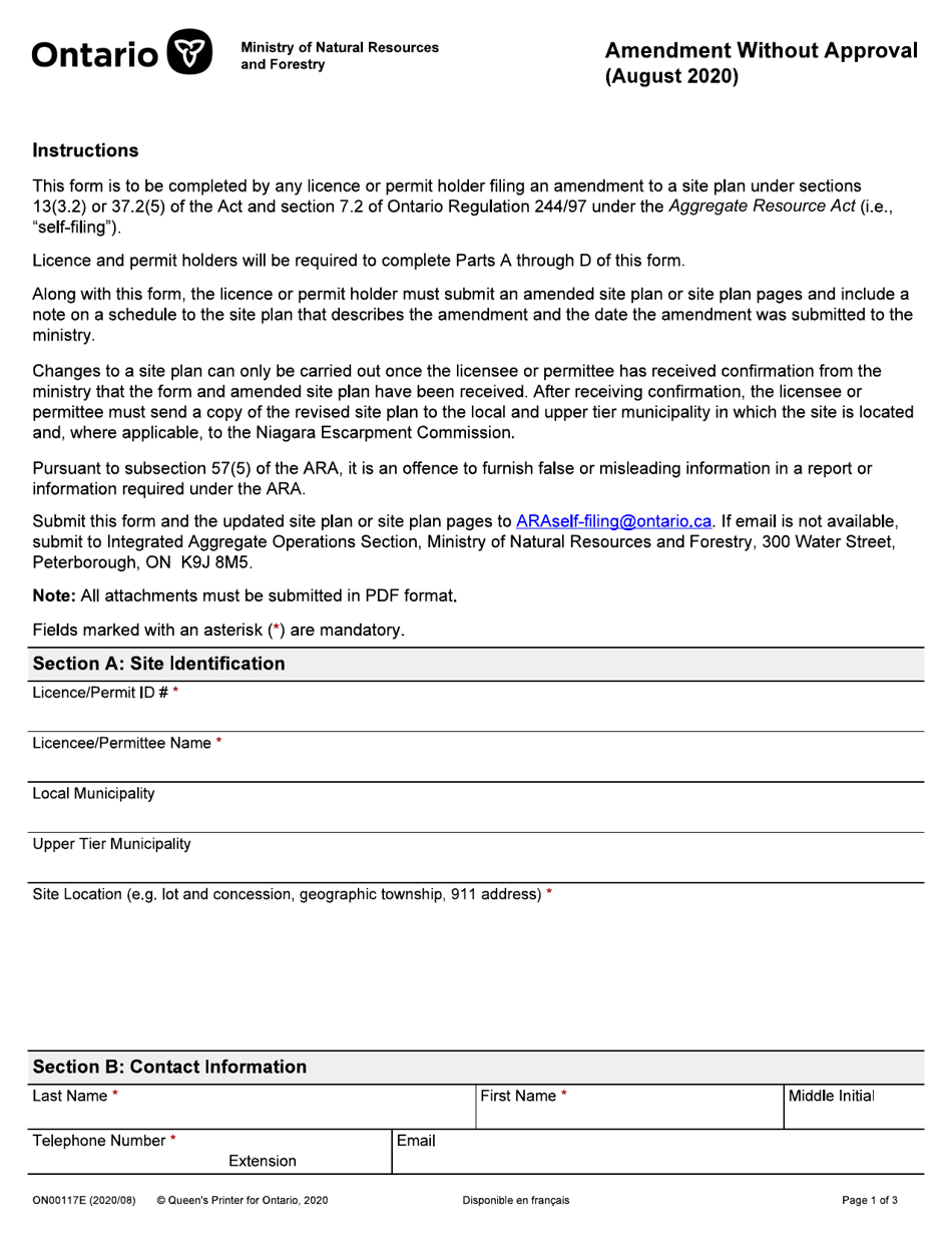 Form ON00117E Amendment Without Approval - Ontario, Canada, Page 1