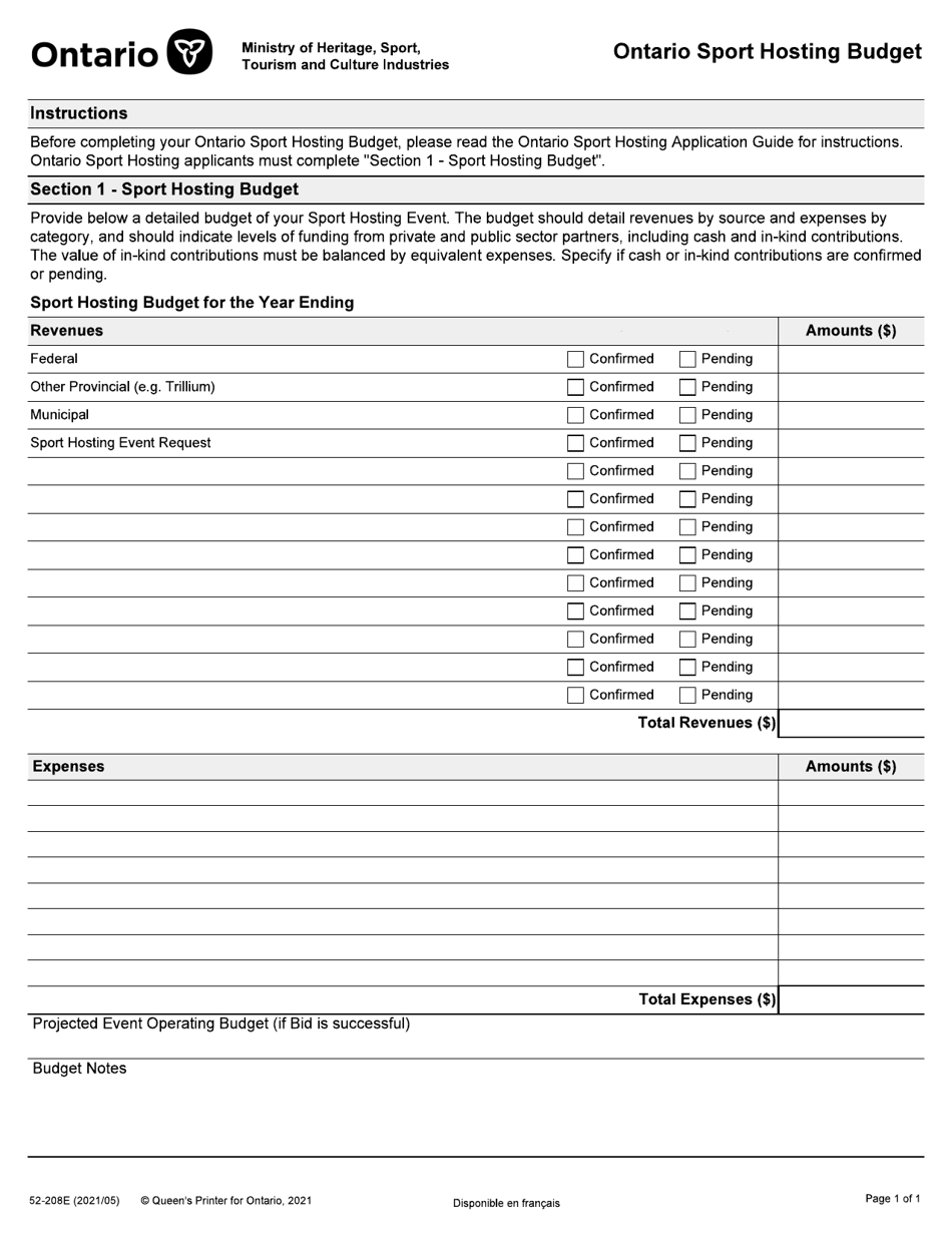 Form 52-208E Ontario Sport Hosting Budget - Ontario, Canada, Page 1