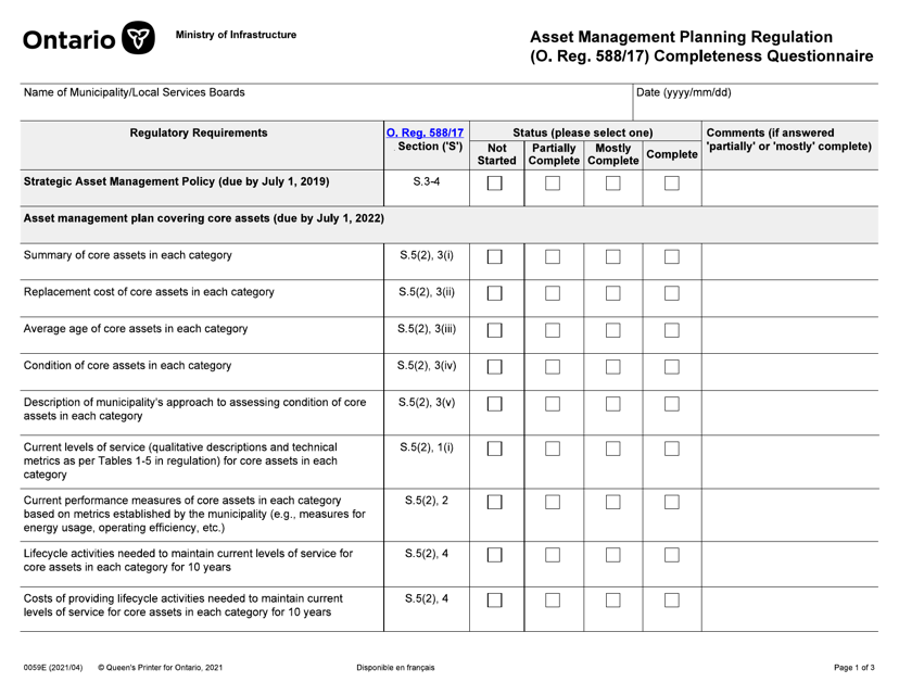 Form 0059E Asset Management Planning Regulation (O. Reg. 588/17) Completeness Questionnaire - Ontario, Canada