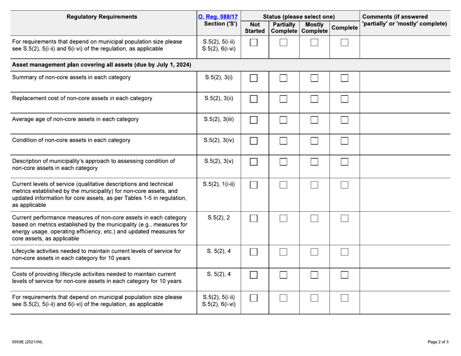 Form 0059E Asset Management Planning Regulation (O. Reg. 588 / 17) Completeness Questionnaire - Ontario, Canada, Page 2