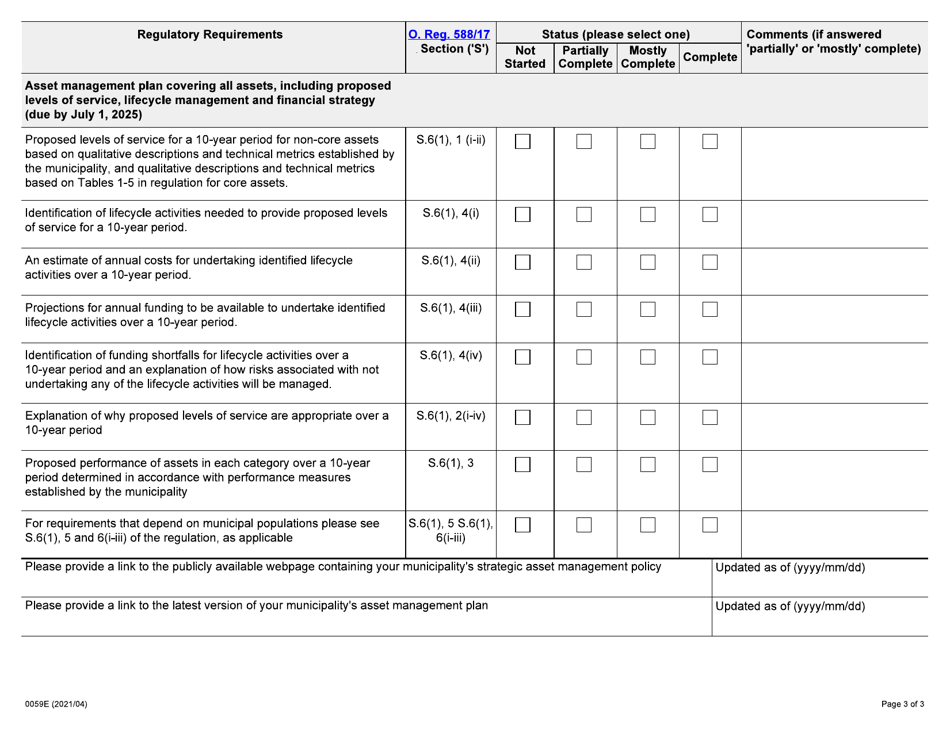 Form 0059E Asset Management Planning Regulation (O. Reg. 588 / 17) Completeness Questionnaire - Ontario, Canada, Page 3