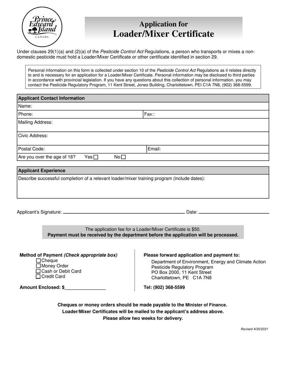 Application for Loader / Mixer Certificate - Prince Edward Island, Canada, Page 1