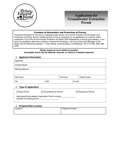Application for Groundwater Extraction Permit - Prince Edward Island, Canada Download Pdf