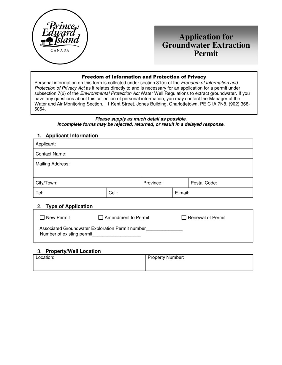 Application for Groundwater Extraction Permit - Prince Edward Island, Canada, Page 1