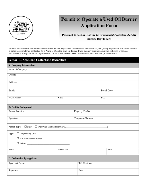 Permit to Operate a Used Oil Burner Application Form - Prince Edward Island, Canada Download Pdf