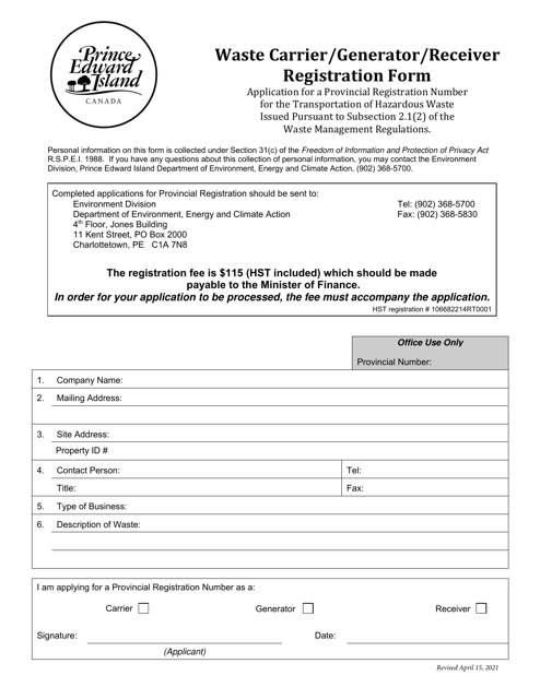 Waste Carrier / Generator / Receiver Registration Form - Prince Edward Island, Canada Download Pdf