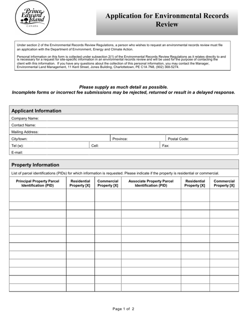 Application for Environmental Records Review - Prince Edward Island, Canada