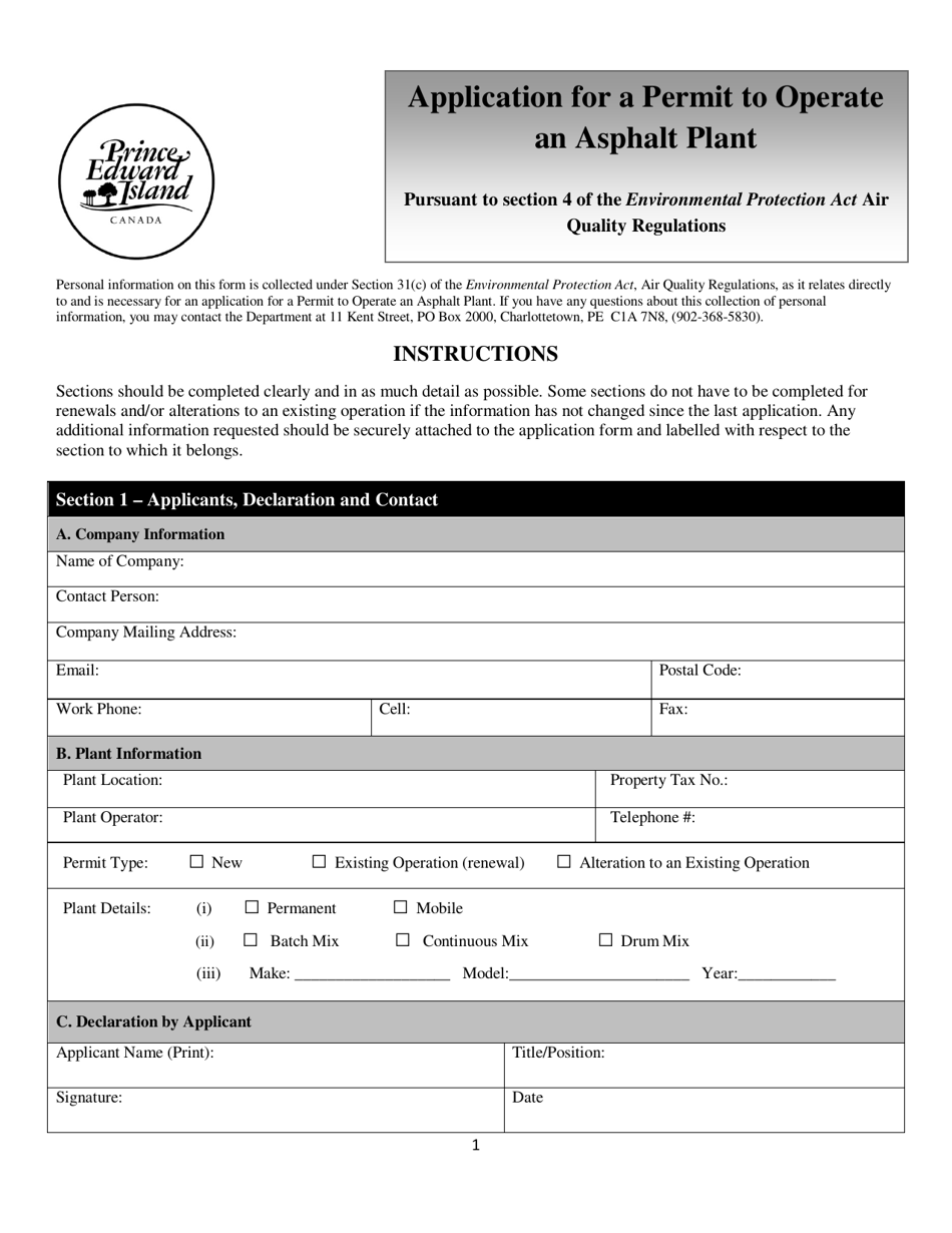 Application for a Permit to Operate an Asphalt Plant - Prince Edward Island, Canada, Page 1