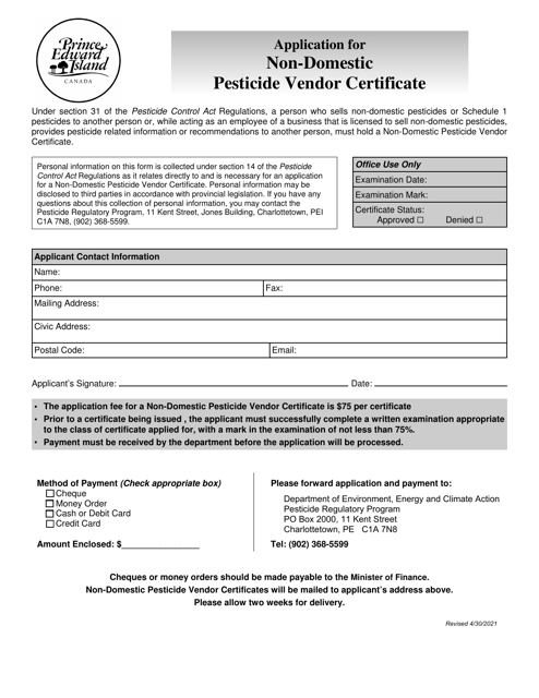 Application for Non-domestic Pesticide Vendor Certificate - Prince Edward Island, Canada