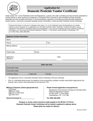 &quot;Application for Domestic Pesticide Vendor Certificate&quot; - Prince Edward Island, Canada